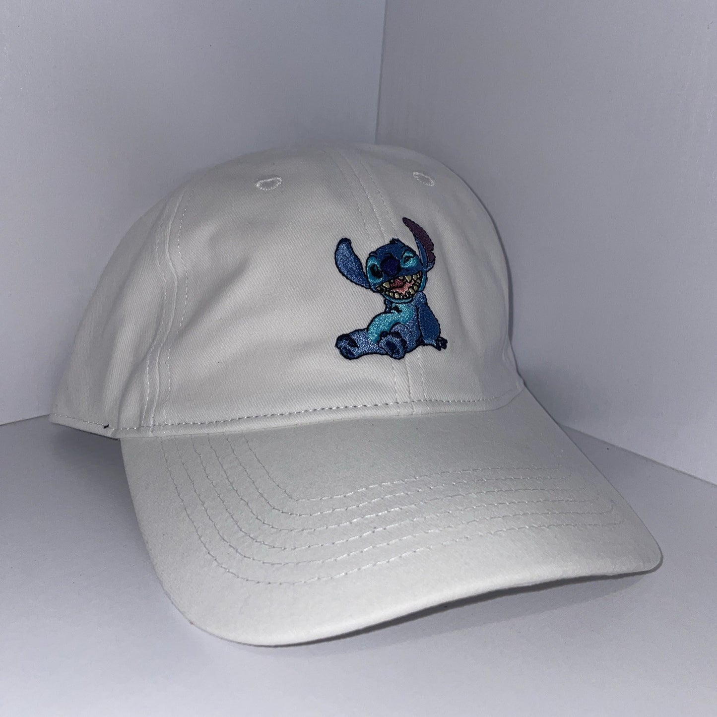 Disney Stitch White Cap Hat Back Strap Adult OS NWT Blue Embroidered