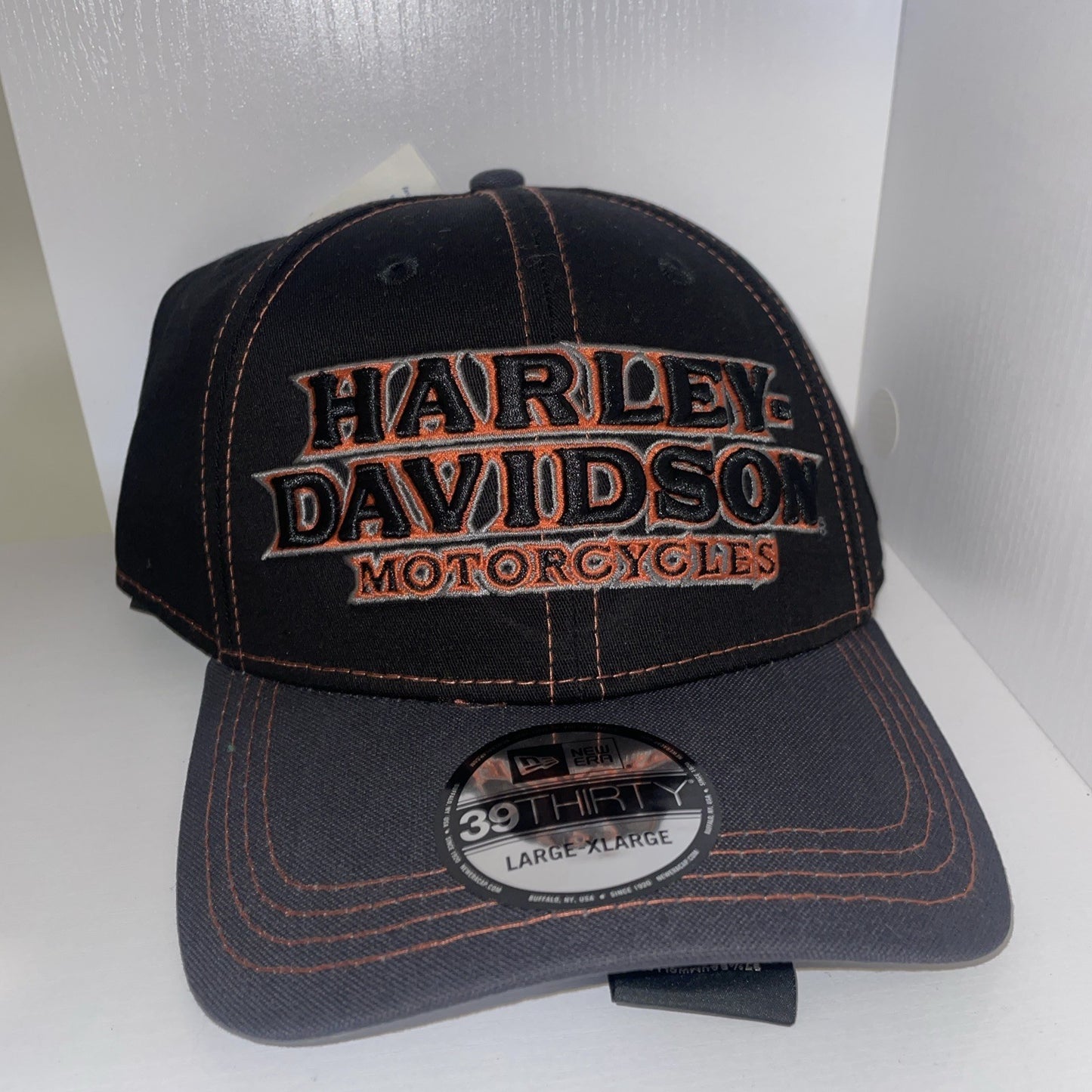 NEW ERA 39THIRTY Harley Davidson Men Stretch Fit Black Orange Baseball Hat L-XL