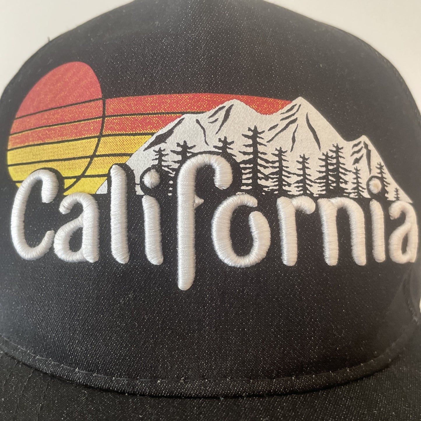 California Sunset with Mountains Embroidered Baseball Cap Black Snapback Hat