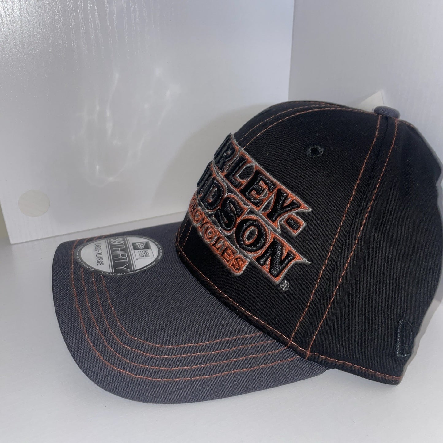 NEW ERA 39THIRTY Harley Davidson Men Stretch Fit Black Orange Baseball Hat L-XL